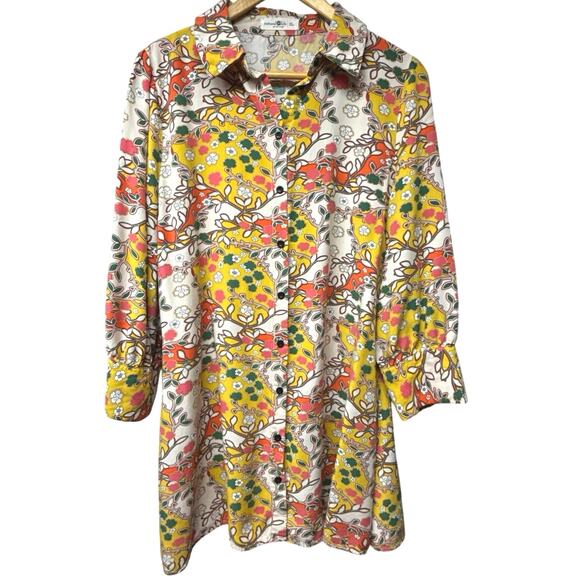 NATURAL LIFE Dresses & Skirts - Natural Life Tunic Shirt Short Dress Size XL Button Up Yellow Pink Floral Boho